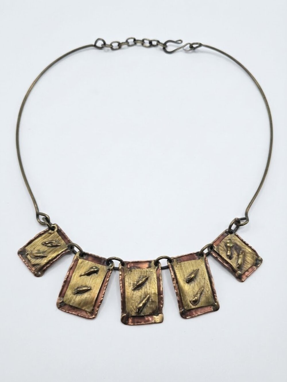 Vintage Artisan Brutalist Hammered Copper & Brass Choker Necklace